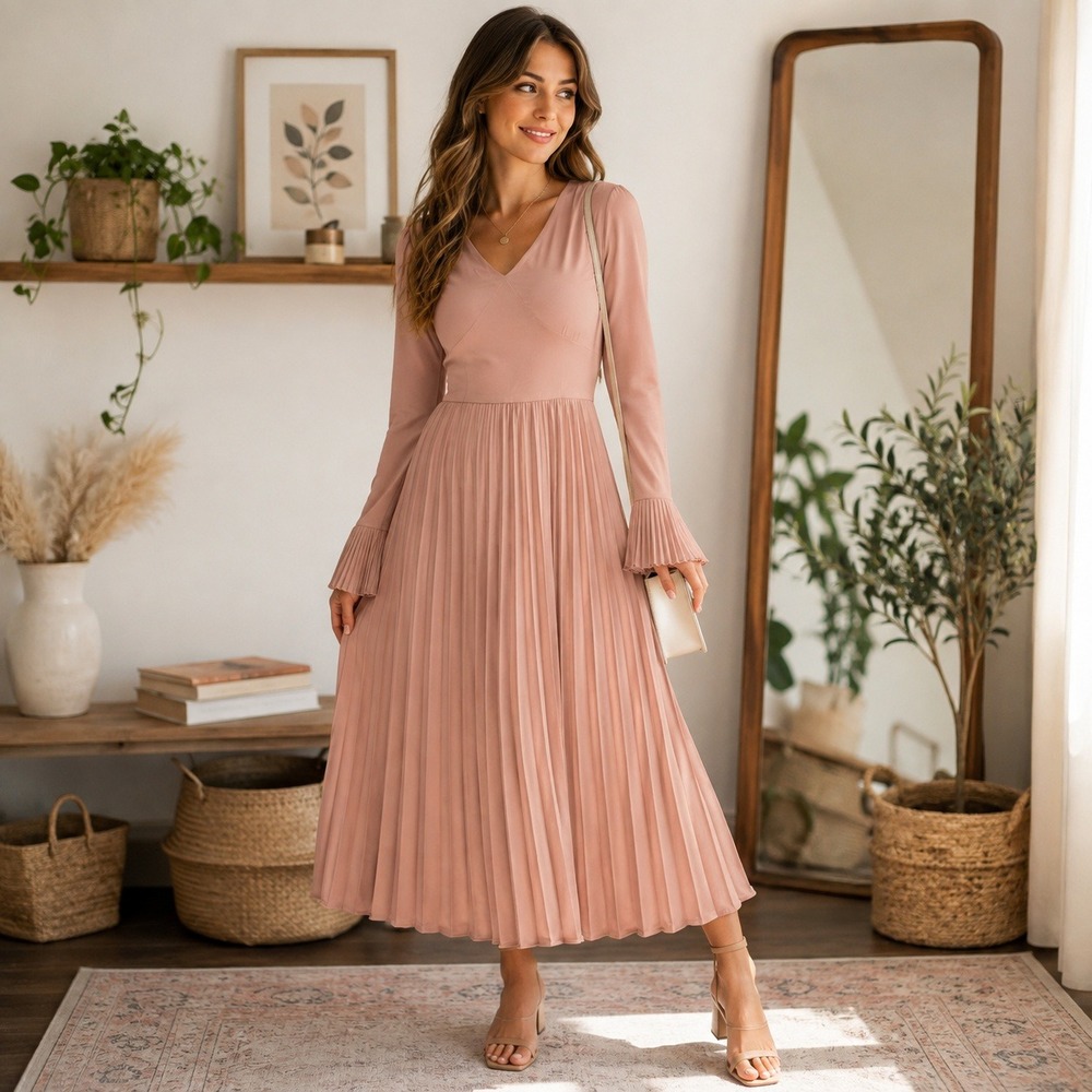 Sweet Salt Mauve Pink Pleated Midi Dress Long Sleeve V-Neck Size 12
